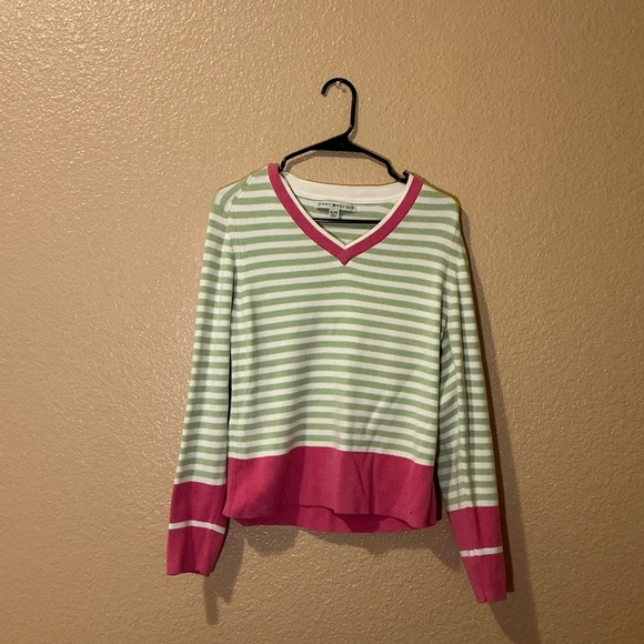 Tommy Hilfiger Green and Pink Striped V-Neck Sweater - Picture 2 of 4